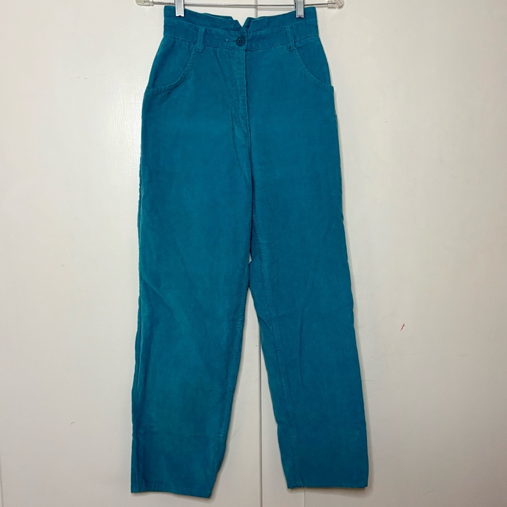 Vintage 80s Turquoise Corduroy Hearts Jeans Straight Leg Paperbag Waist Jeans
